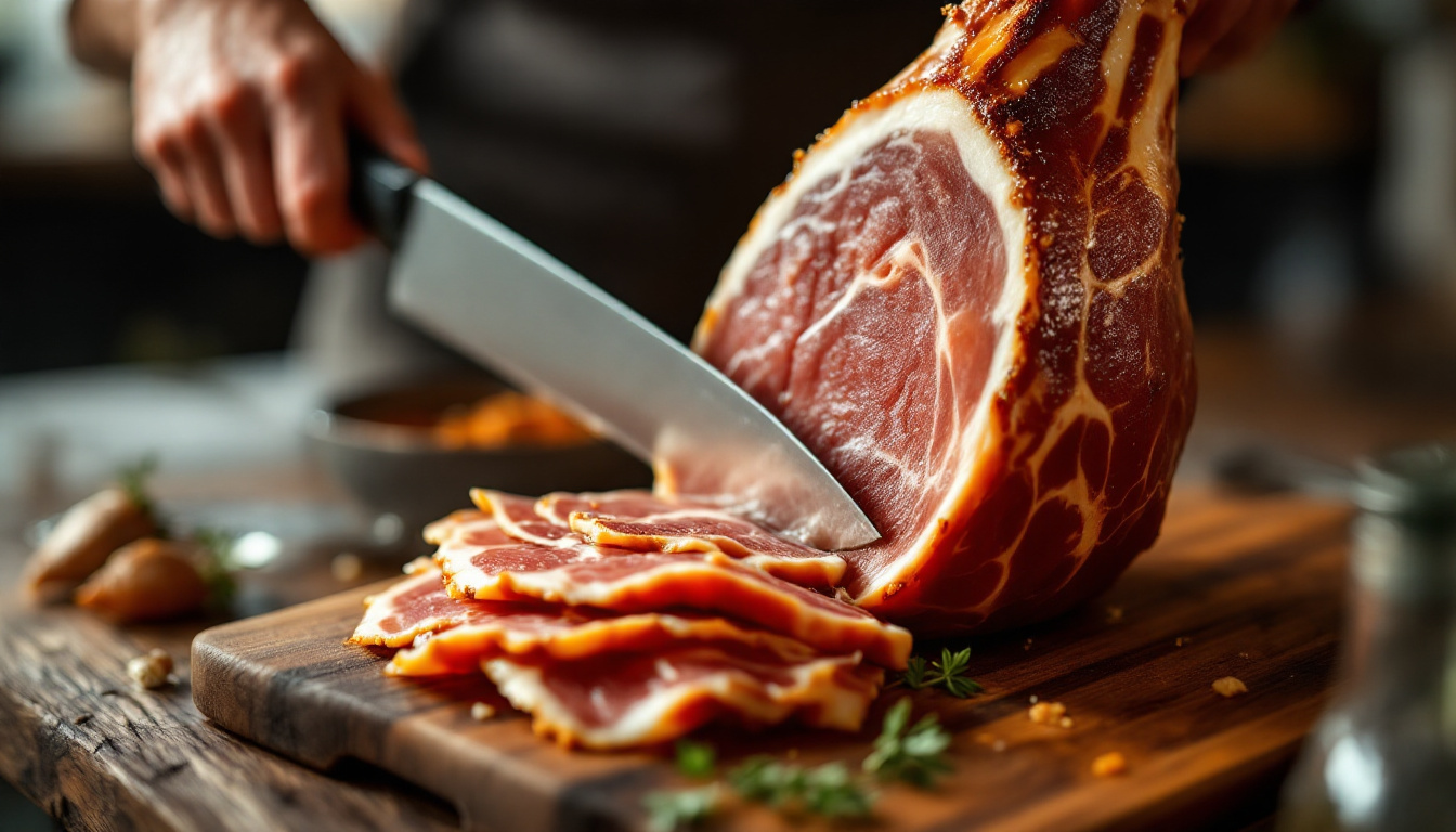 Leg of jamon iberico being carved into paper-thin slices on a wooden board