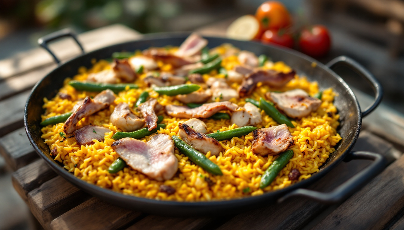 Valencian paella in a wide pan with rabbit, chicken, beans and a golden socarrat crust