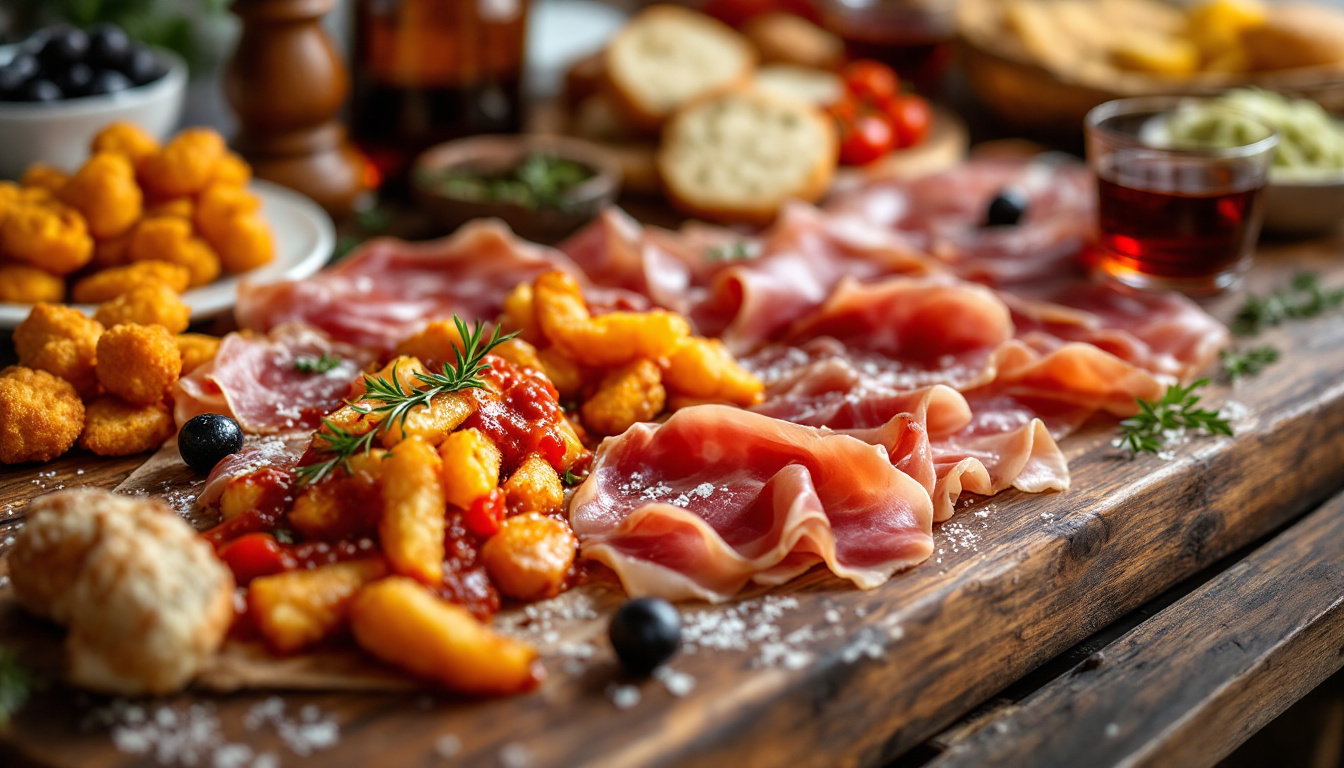 Spread of Spanish tapas with jamon, patatas bravas, croquetas and olives on a bar counter