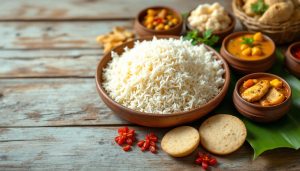 The best food to eat in Sri Lanka: a rice and curry spread with several curries, pol sambol and papadam