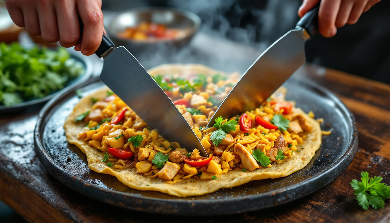 Kottu roti, chopped roti stir-fried with egg and vegetables on a griddle