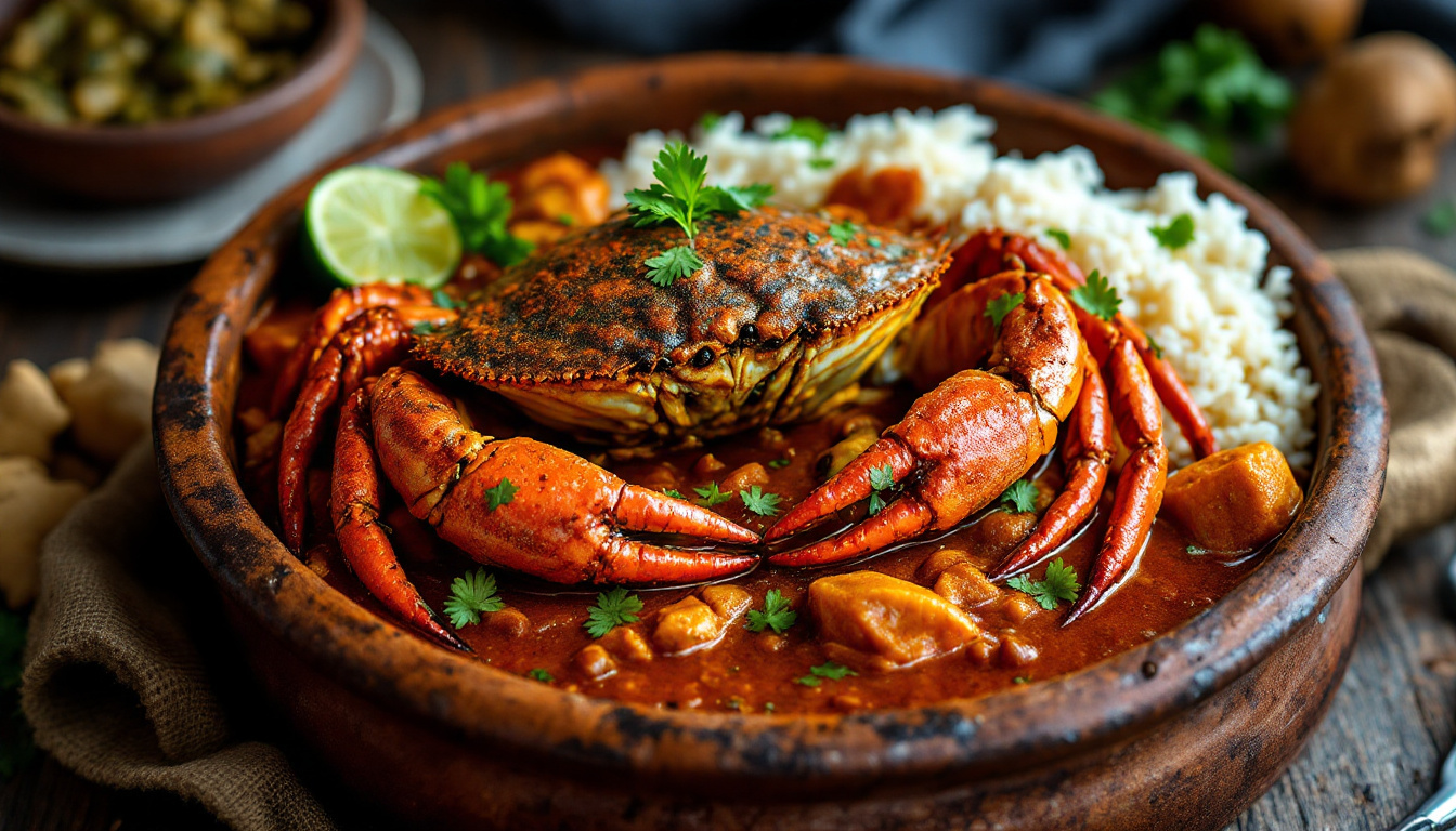 Jaffna crab curry, lagoon crab in a fiery dark coconut gravy