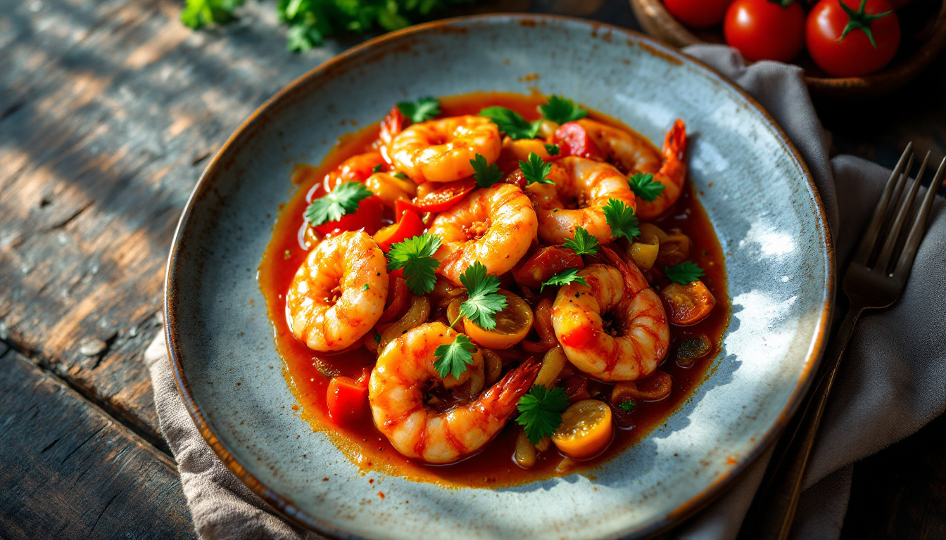 Sri Lankan deviled prawns, glossy tiger prawns stir-fried with onion and capsicum in a sweet-hot chili sauce