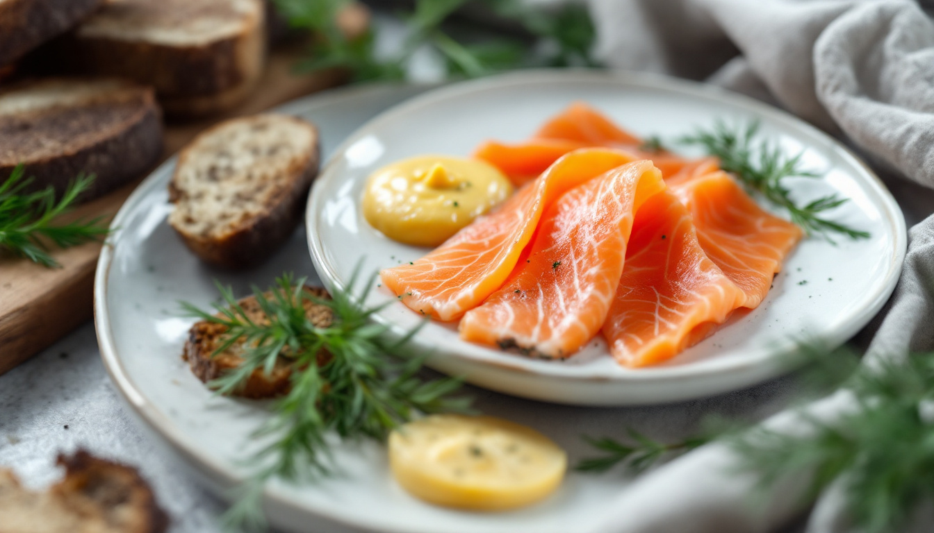 Swedish gravlax, dill-cured salmon with mustard sauce