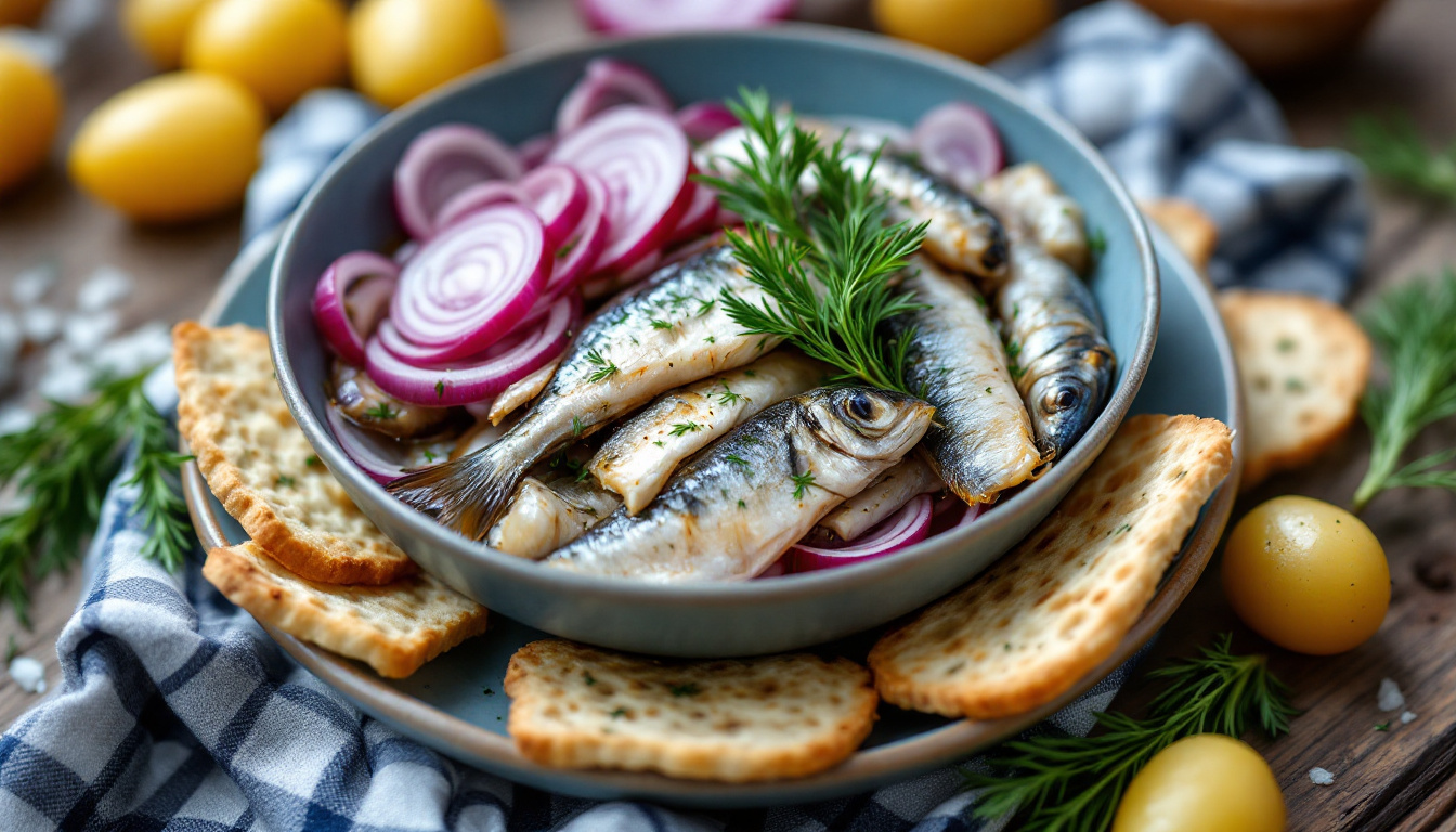 Swedish pickled herring with onion and dill on crispbread