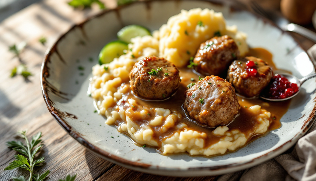 Swedish köttbullar meatballs with cream gravy, mashed potato and lingonberry jam