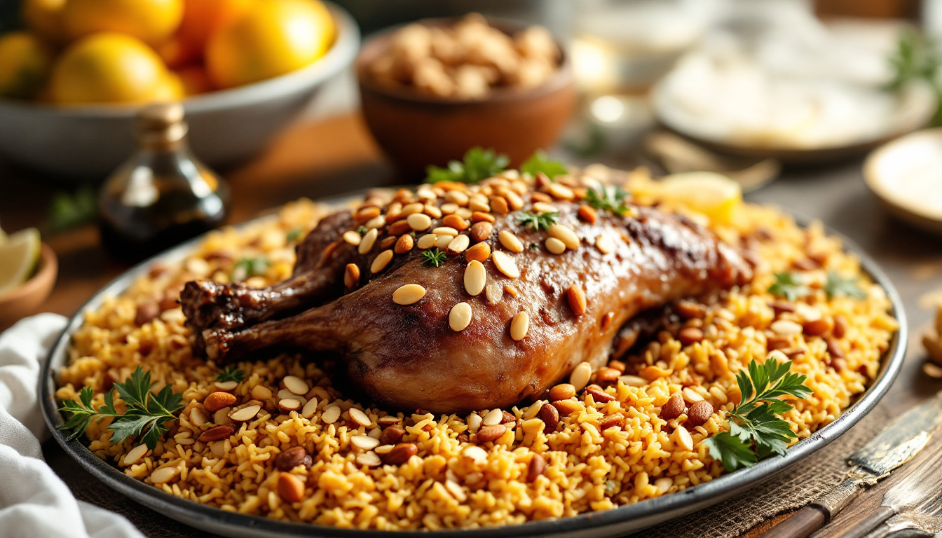 Emirati ghuzi, whole slow-roasted lamb on spiced rice with toasted almonds and pine nuts