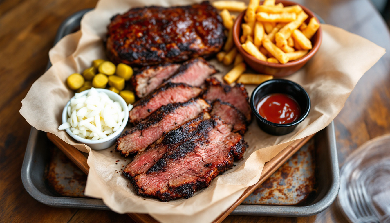 Texas barbecue platter of smoked beef brisket and pork ribs on butcher paper