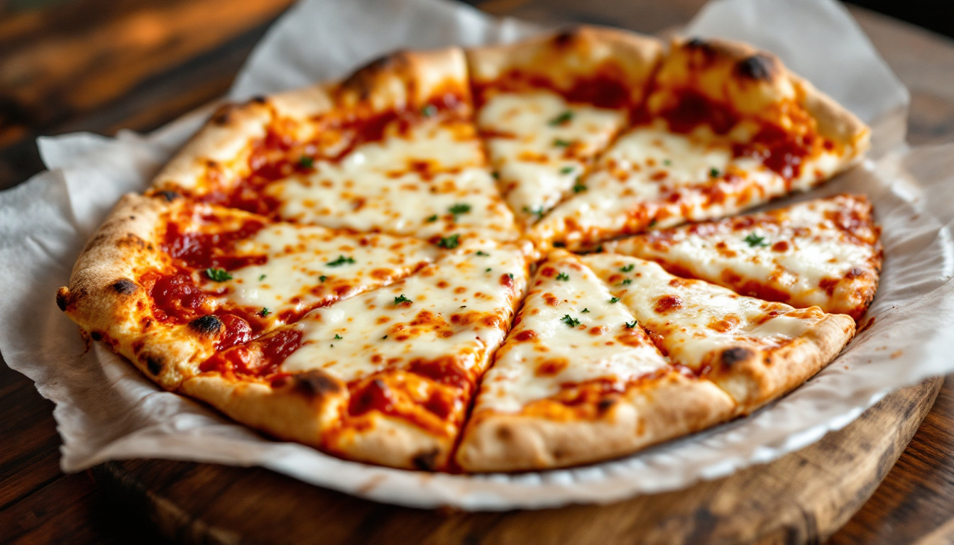 New York thin-crust cheese pizza slice on a paper plate