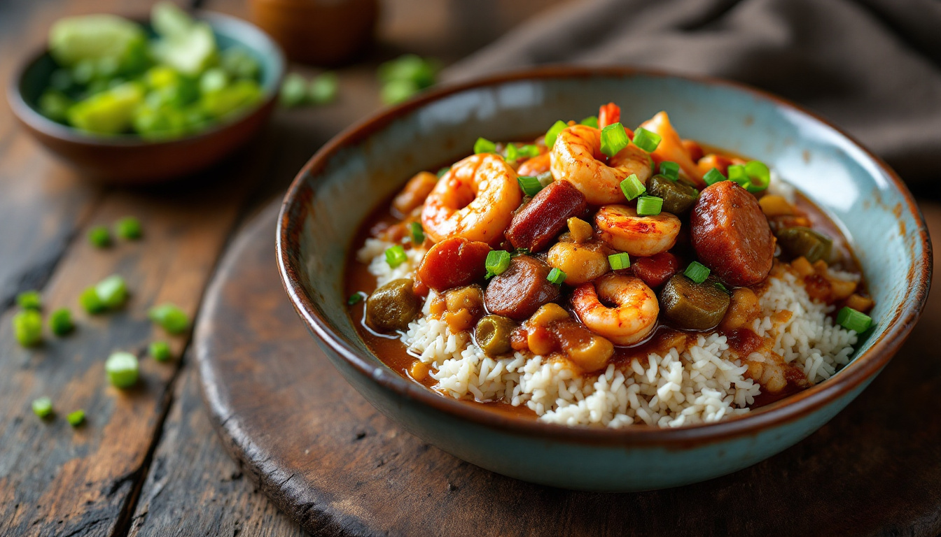 Louisiana seafood gumbo with shrimp and sausage served over white rice