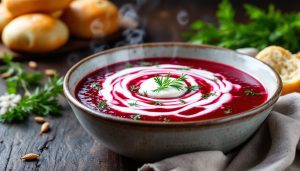 A bowl of Ukrainian borscht with sour cream and dill