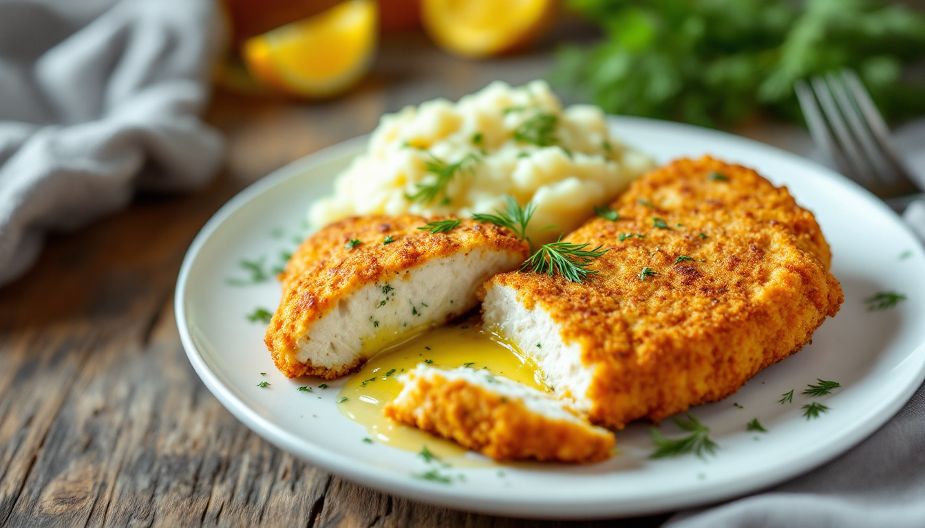 Chicken Kyiv cut open with herb garlic butter inside