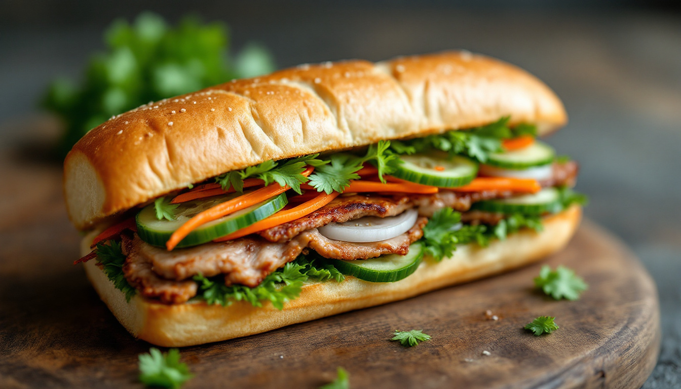 Vietnamese banh mi sandwich with pate, grilled pork, pickled vegetables and cilantro