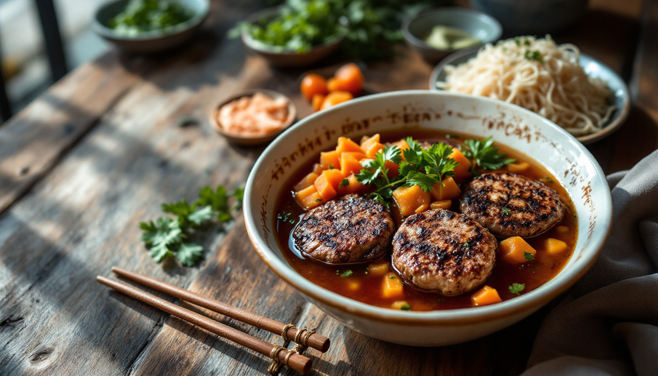 Hanoi bun cha with charcoal-grilled pork, cold rice vermicelli, herbs and dipping broth