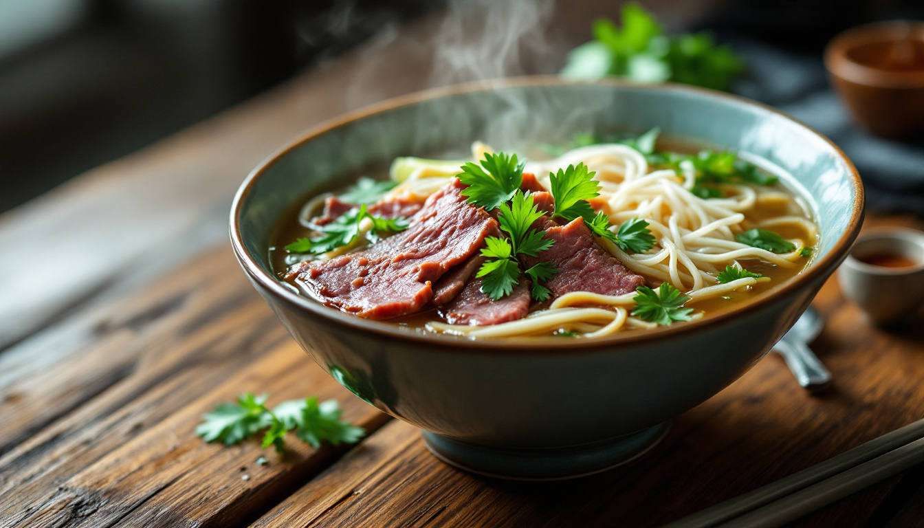 Bowl of Vietnamese pho with rare beef, rice noodles, herbs and a clear aromatic broth