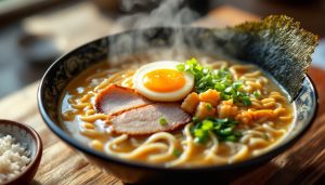 Japanese tonkotsu ramen, creamy pork-bone broth with chashu, egg and scallions