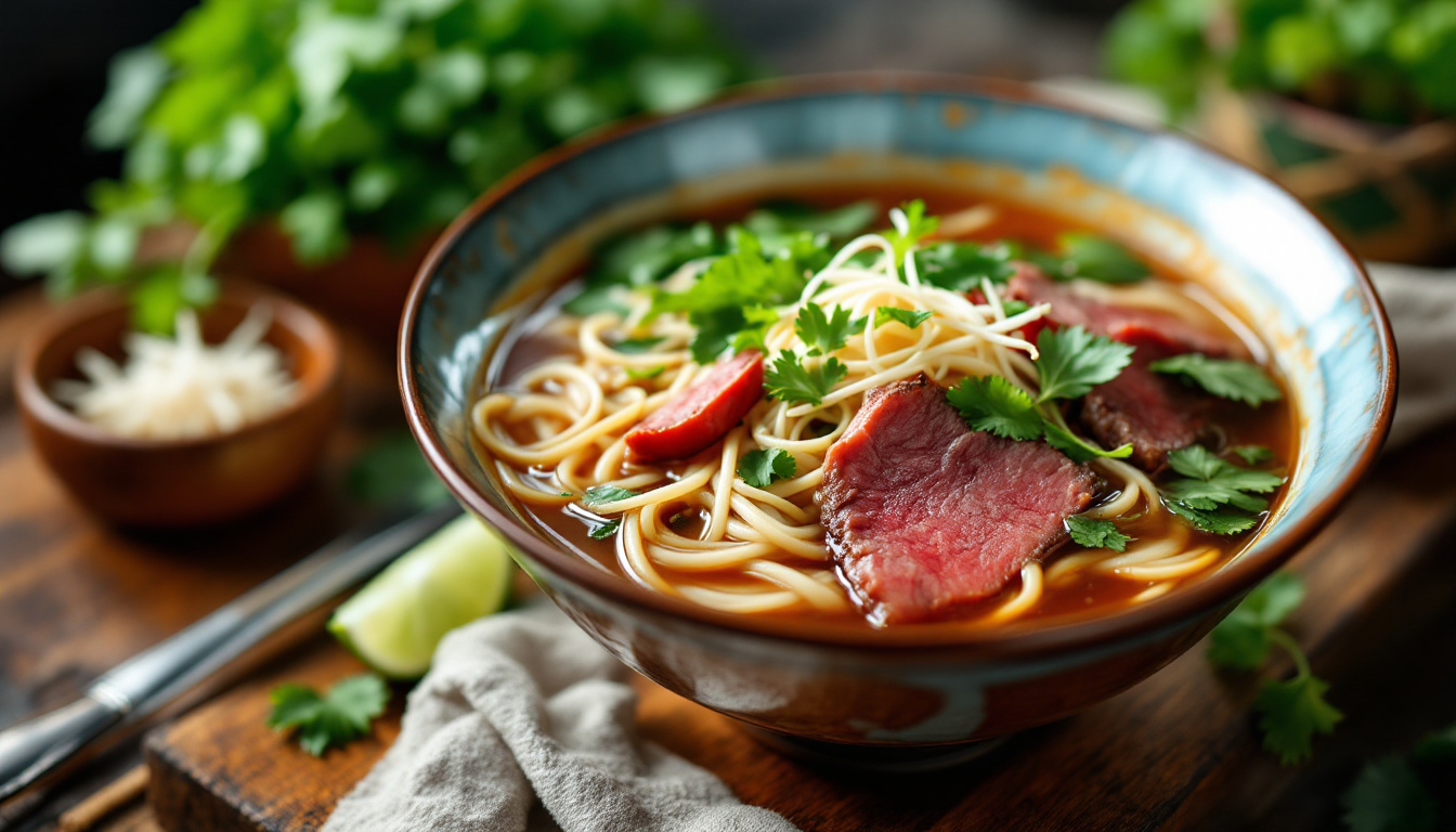 Vietnamese pho bo, clear beef noodle soup with rare beef, herbs and lime