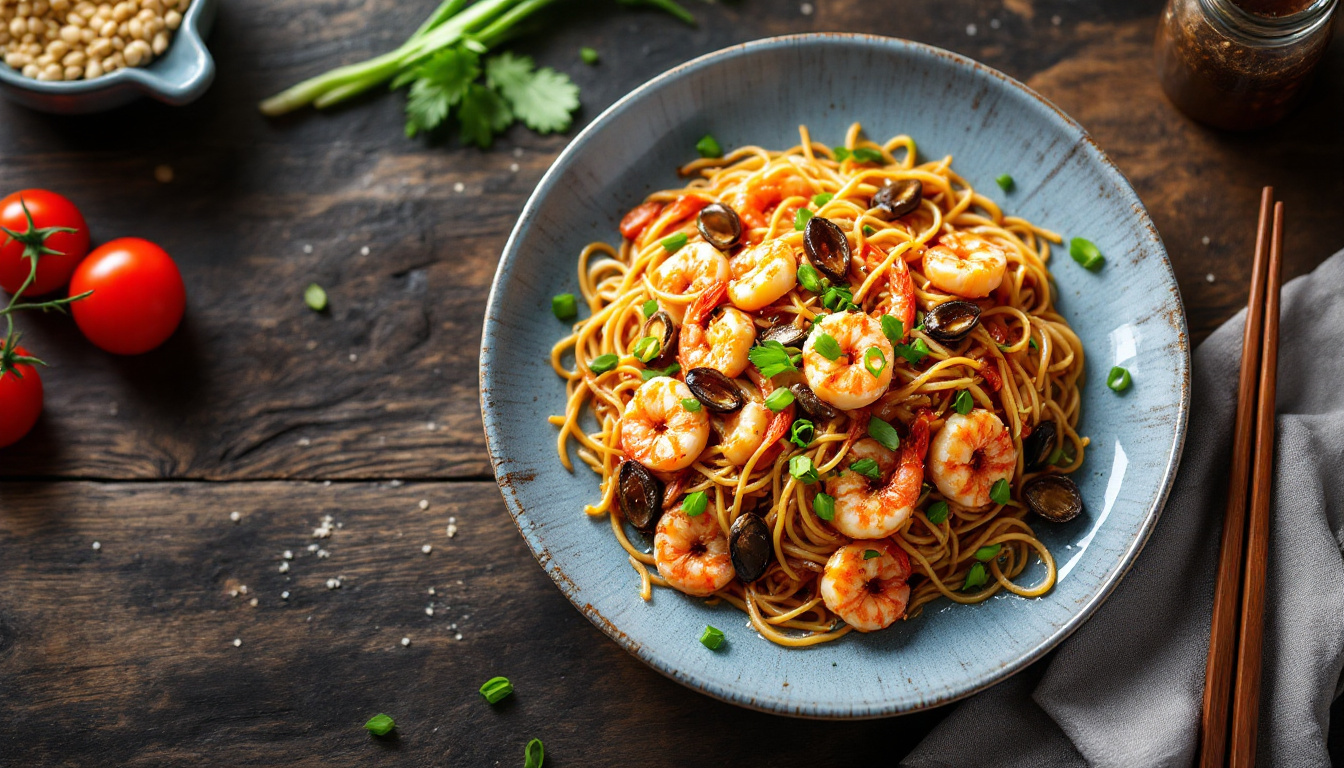 Malaysian char kway teow, wok-fried flat rice noodles with prawns and cockles