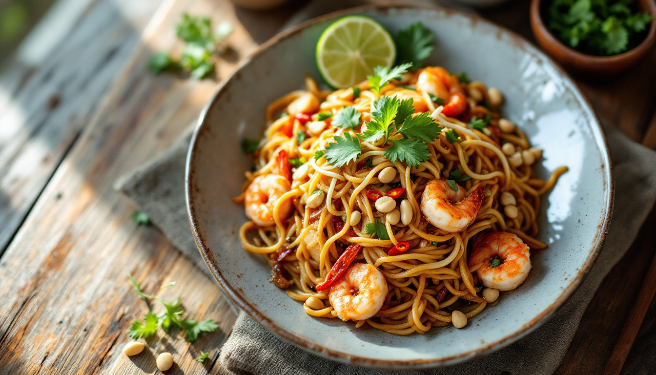 Thai pad thai, stir-fried rice noodles with prawns, peanuts, egg and lime