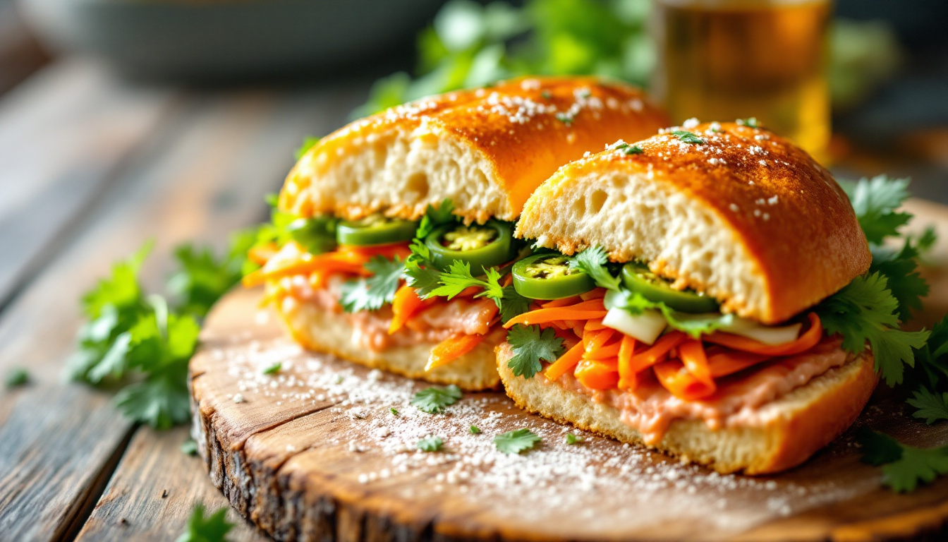 Banh mi sandwich split open showing layers of pate, pickled vegetables and herbs