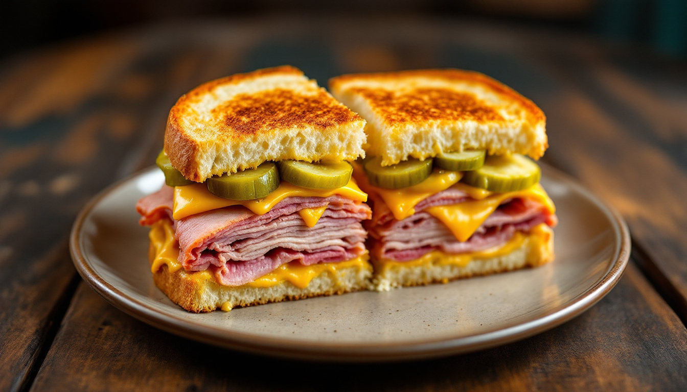 Classic Cubano sandwich pressed and cut diagonally showing all layers
