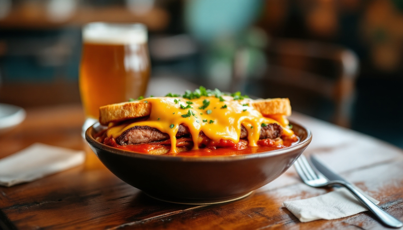 Francesinha sandwich in Porto covered in beer and tomato sauce