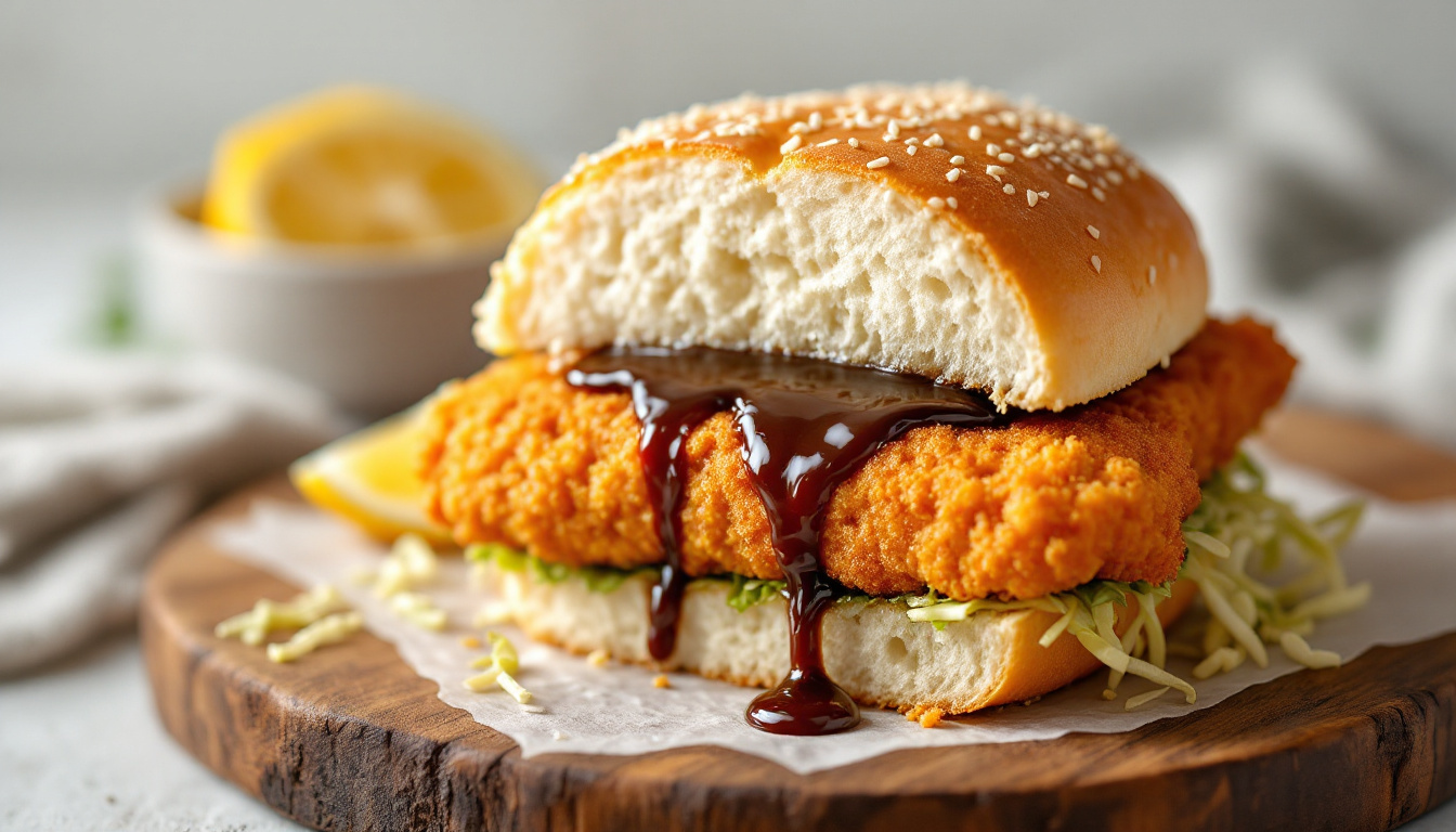 Japanese katsu sando sliced open to show breaded pork cutlet on milk bread