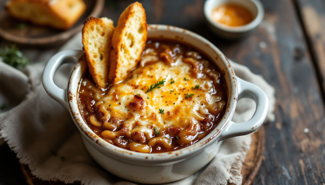 French onion soup topped with melted Gruyere