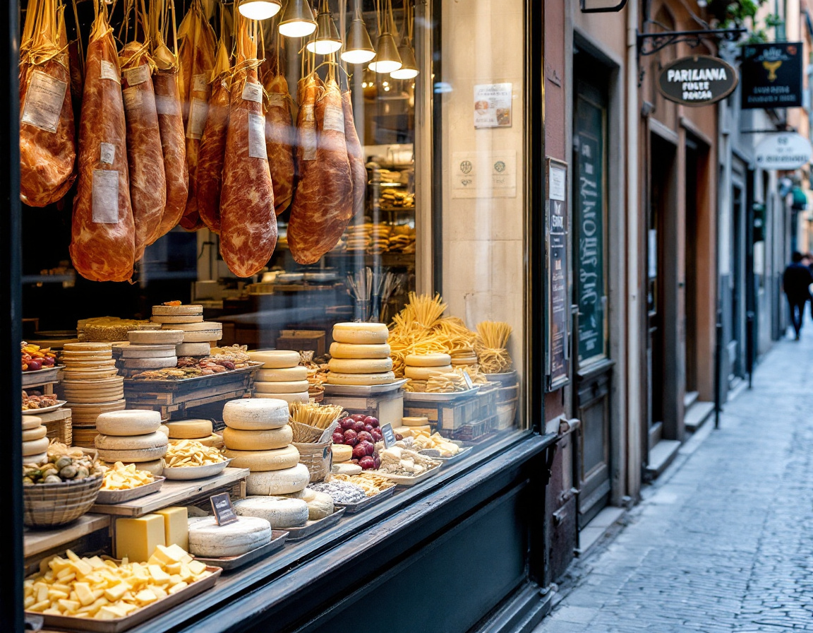 Food shops with hanging mortadella and wheels of Parmigiano in the Quadrilatero in Bologna
