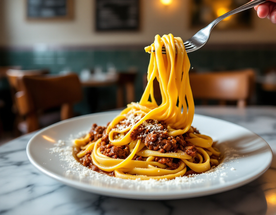 A plate of fresh tagliatelle al ragu bolognese with Parmigiano