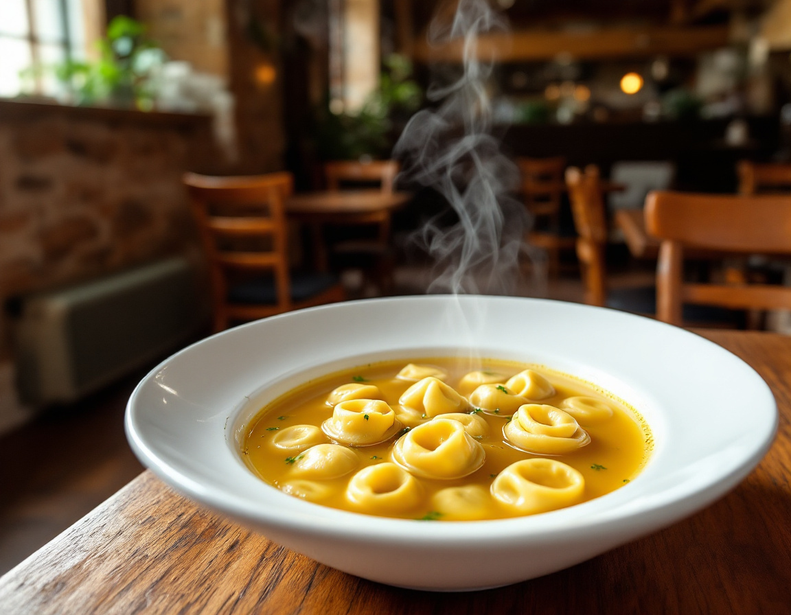 A bowl of Bologna tortellini in clear capon broth