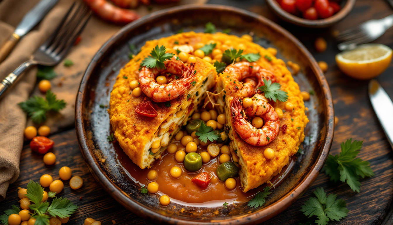 Acaraje black-eyed pea fritter from Salvador Bahia filled with vatapa and dried shrimp