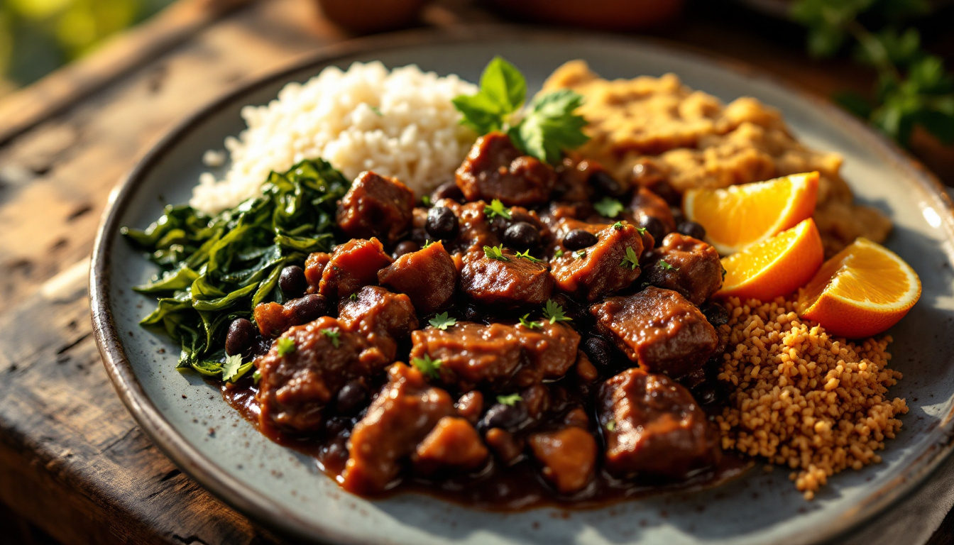 Brazilian feijoada black bean and pork stew with rice, collard greens, farofa and orange