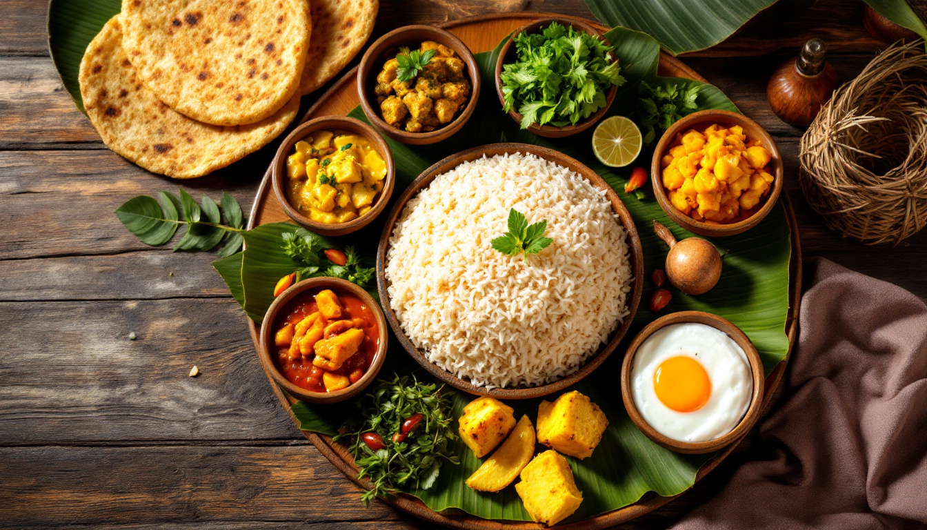 A Sri Lankan rice and curry spread with many small curry bowls on a banana leaf in Colombo