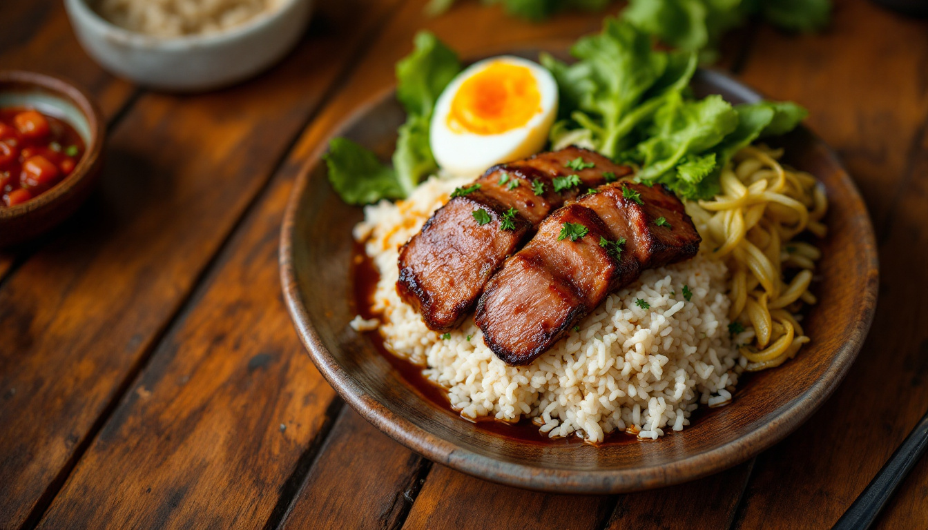 Khao kha moo stewed pork leg over rice with egg and pickled greens at a Chiang Mai market stall