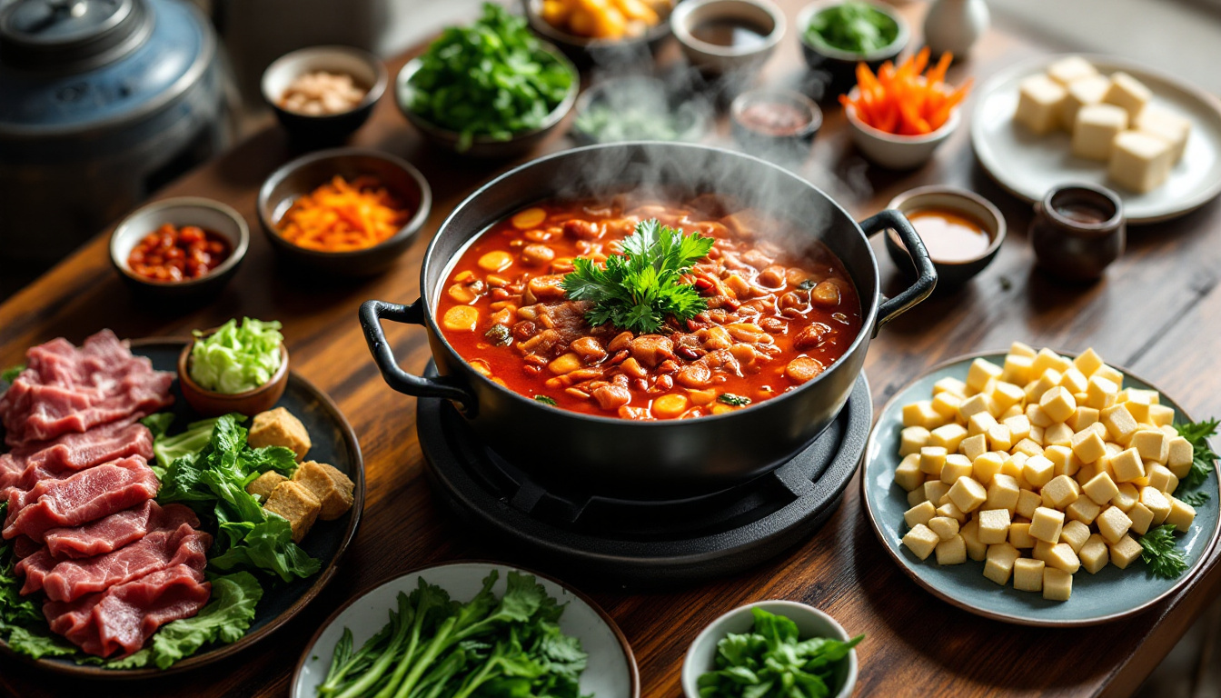 Sichuan hotpot with a bubbling red chili-oil broth, thin-sliced meat, vegetables and dipping sauces