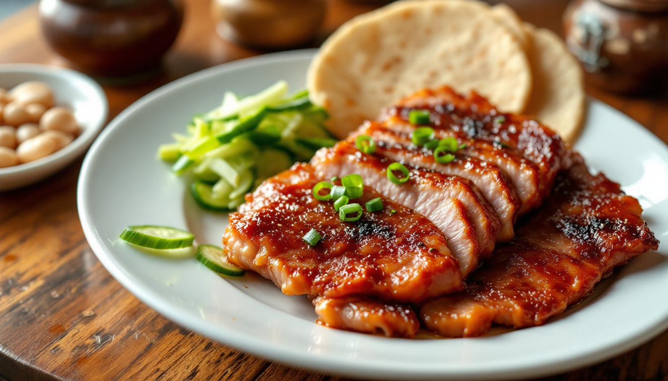 Peking duck with crispy sliced skin, thin pancakes, scallions, cucumber and sweet bean sauce
