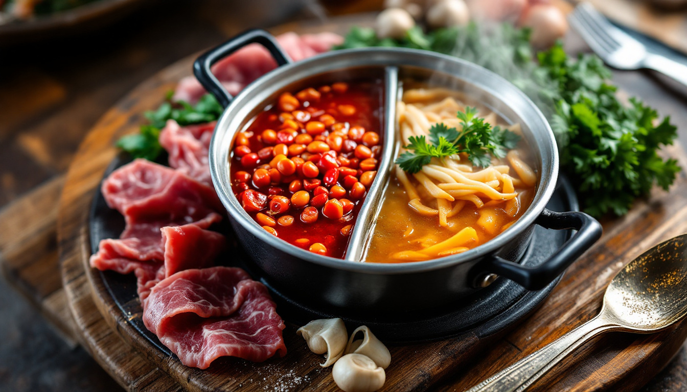 Sichuan mala hotpot with red chili broth and plates of raw beef, lotus root and vegetables
