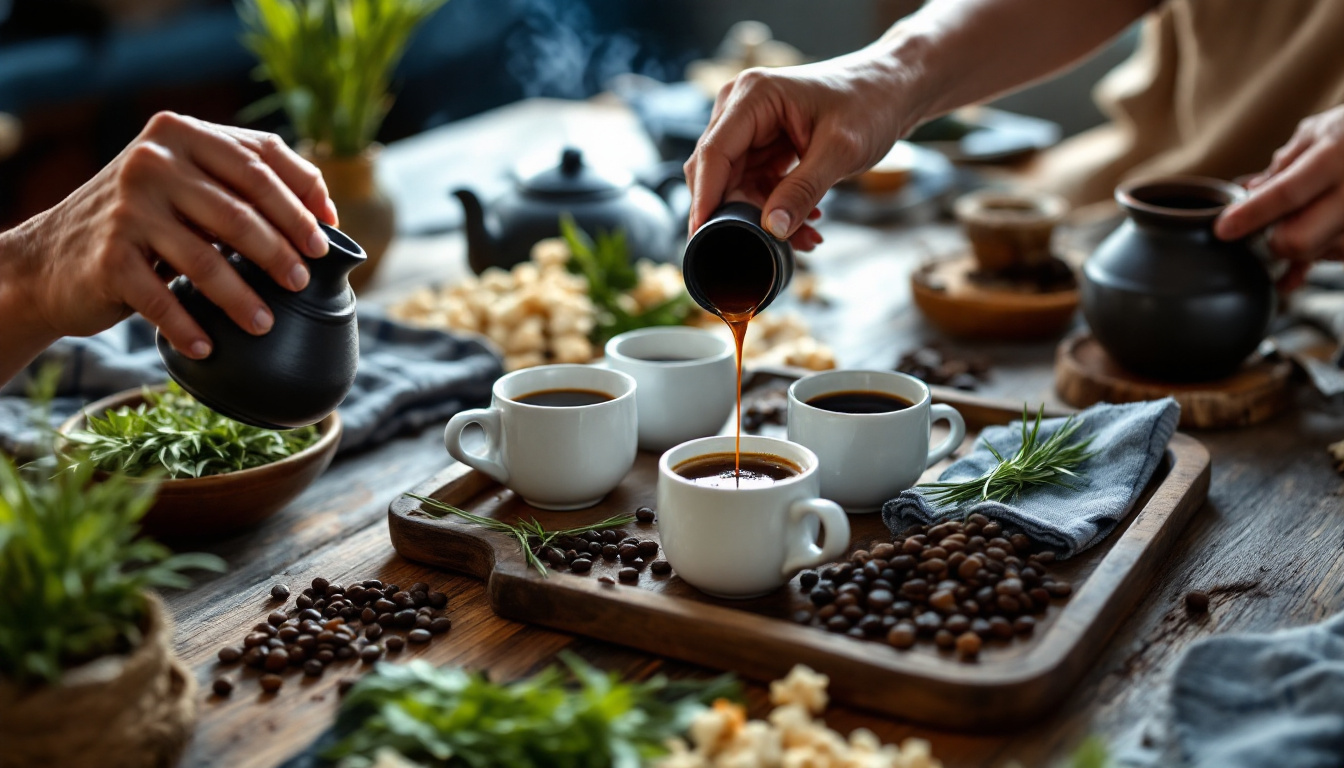 Coffee poured from a clay jebena pot at an Ethiopian coffee ceremony with roasted beans and popcorn
