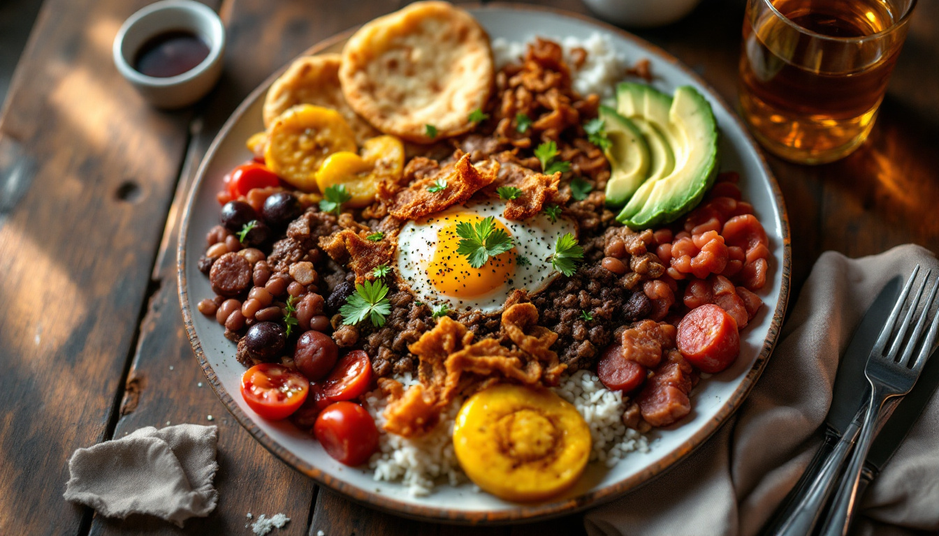 Colombian bandeja paisa platter with beans, beef, chorizo, chicharron, fried egg, plantain and arepa