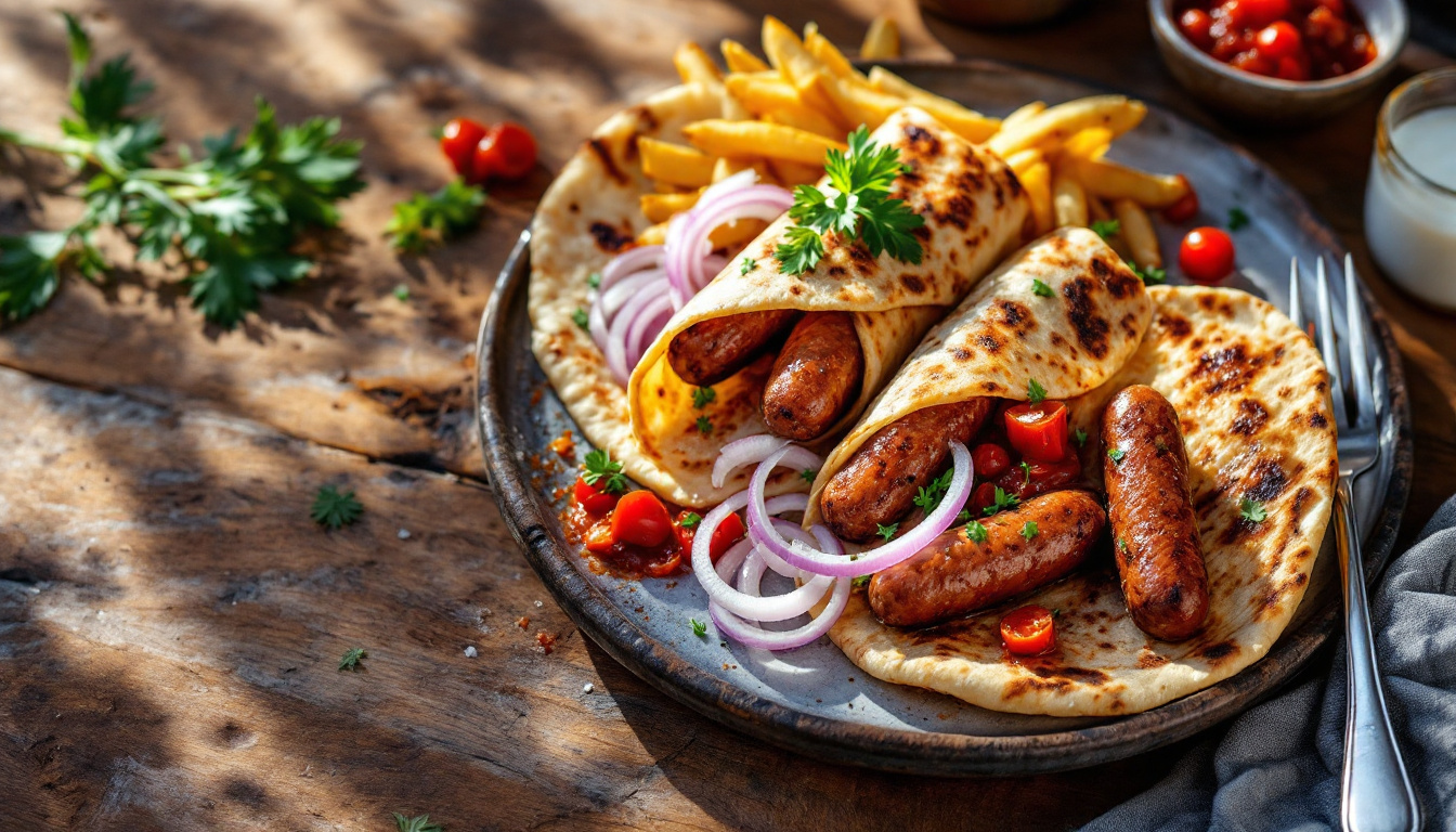 Cevapi grilled minced-meat sausages in flatbread with red onion and ajvar