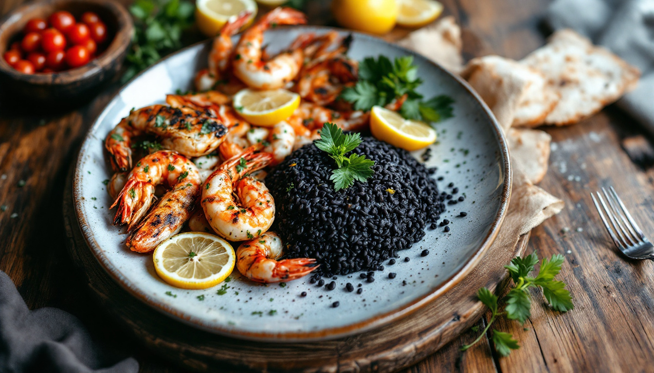 Dalmatian crni rizot black risotto with grilled Adriatic prawns and lemon