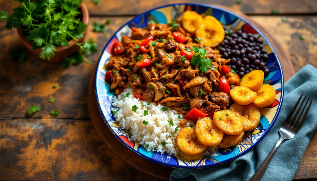 Cuban ropa vieja shredded beef with rice, black beans and fried plantains