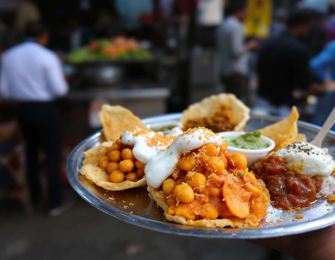 A plate of Delhi chaat with golgappa and chutneys at a street stall