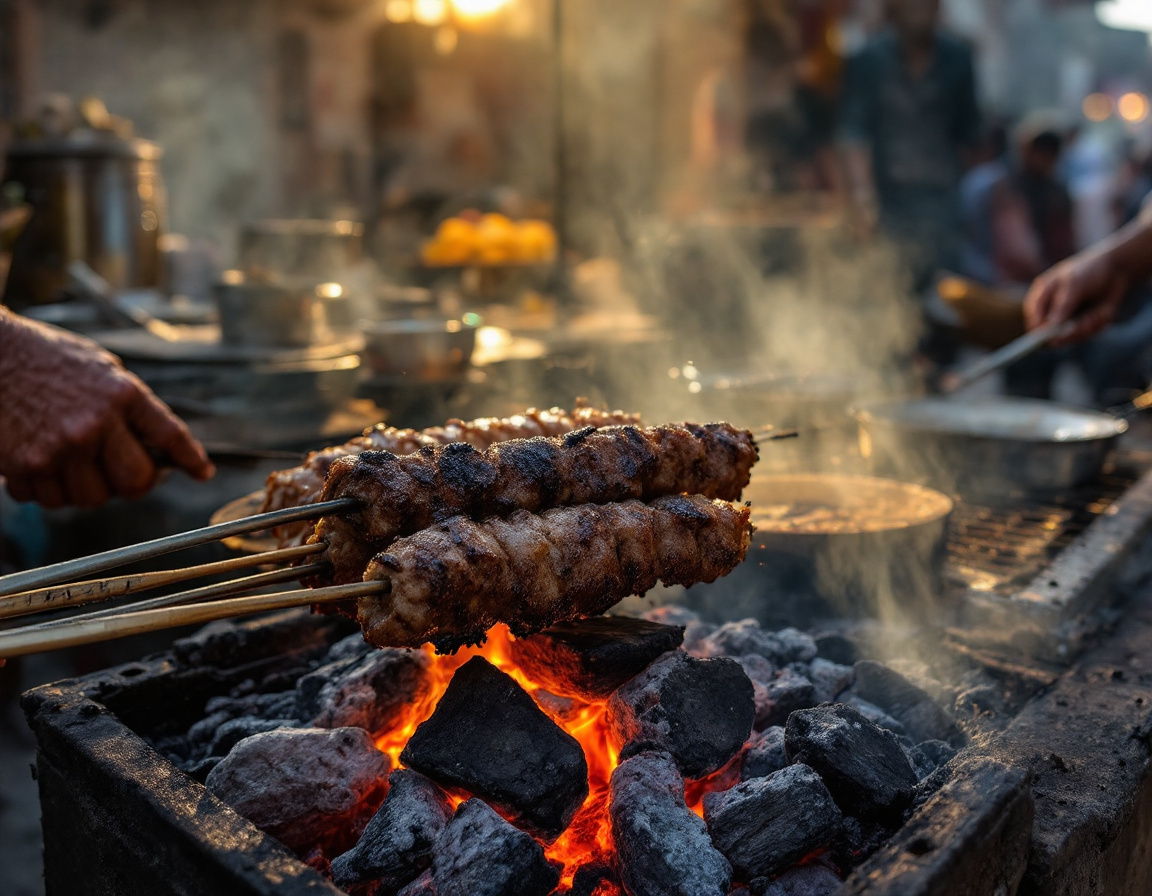 Smoky seekh kebabs grilling at a street stall near Jama Masjid in Old Delhi