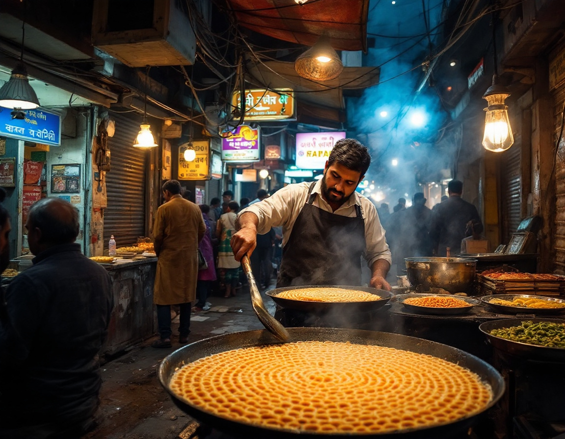 A crowded Old Delhi street food lane in Chandni Chowk at dusk