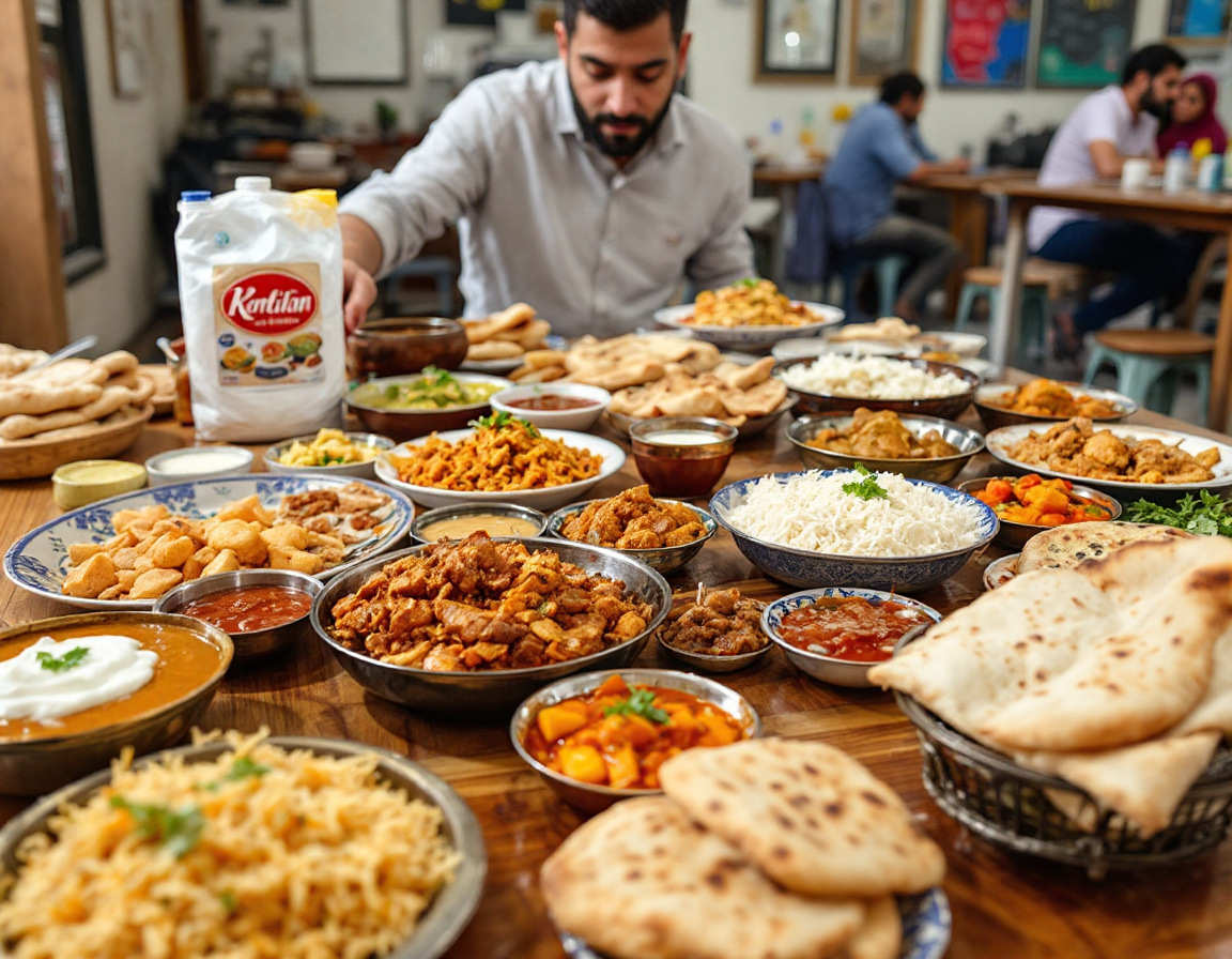 A South Asian biryani and curry feast at a Karama canteen in Dubai