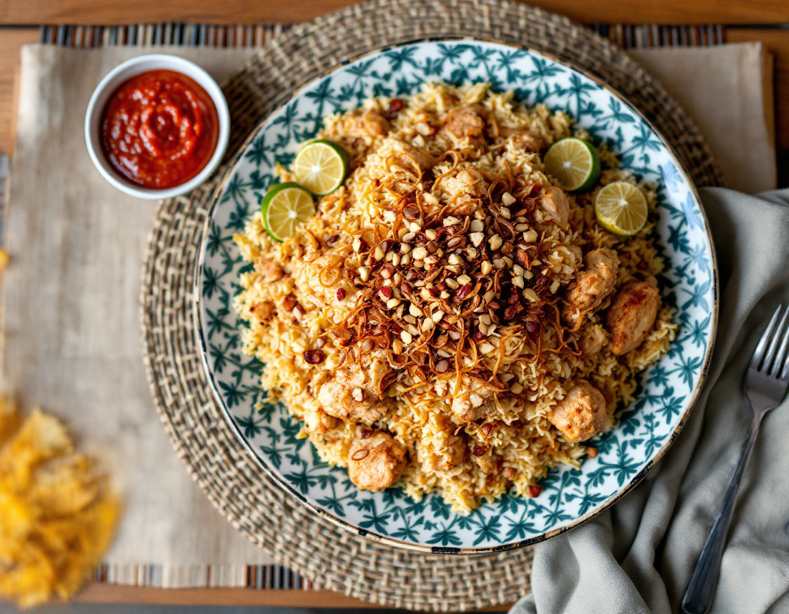 A platter of Emirati machboos spiced rice with chicken and dried lime