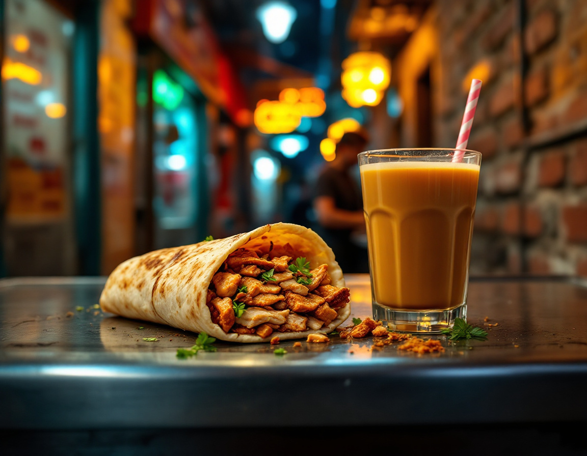 A freshly carved shawarma wrap and a glass of karak chai on a Dubai street counter
