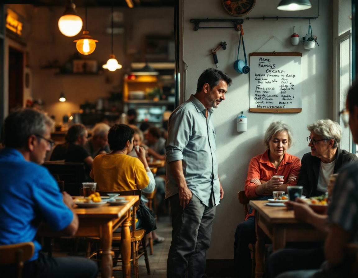 A busy back-street local eatery with diners and a handwritten menu, where locals actually eat